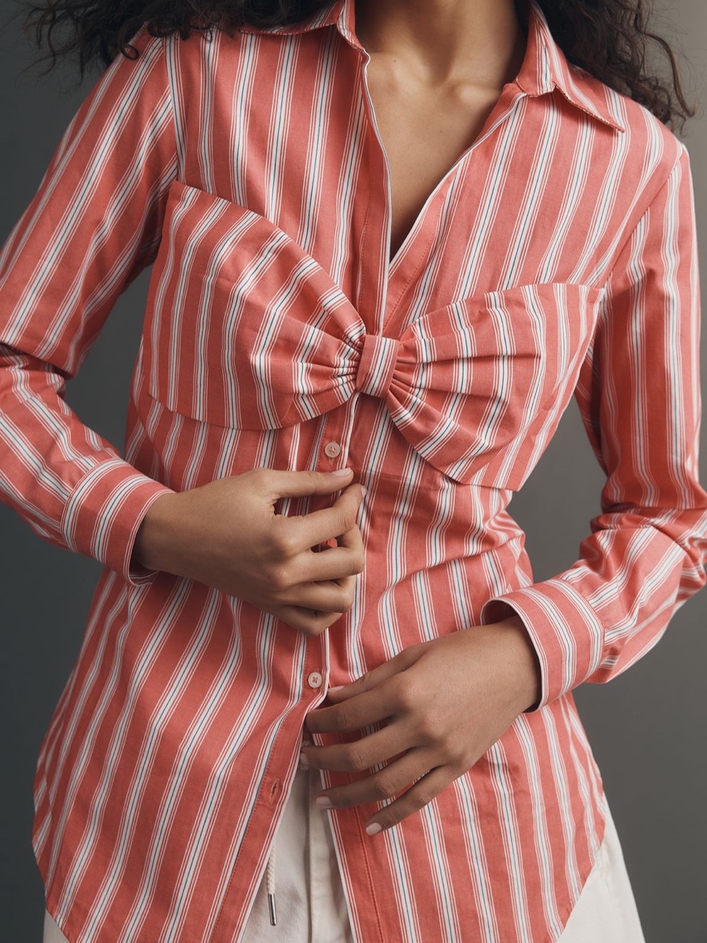 Anthropologie Striped Coral Button-Front Bow Shirt